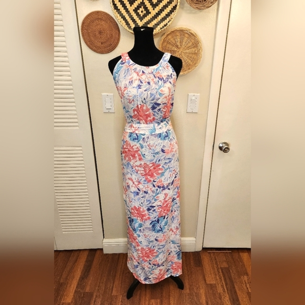 Floral Pink and Blue Sleeveless Maxi Dress With Adjustable Wrap